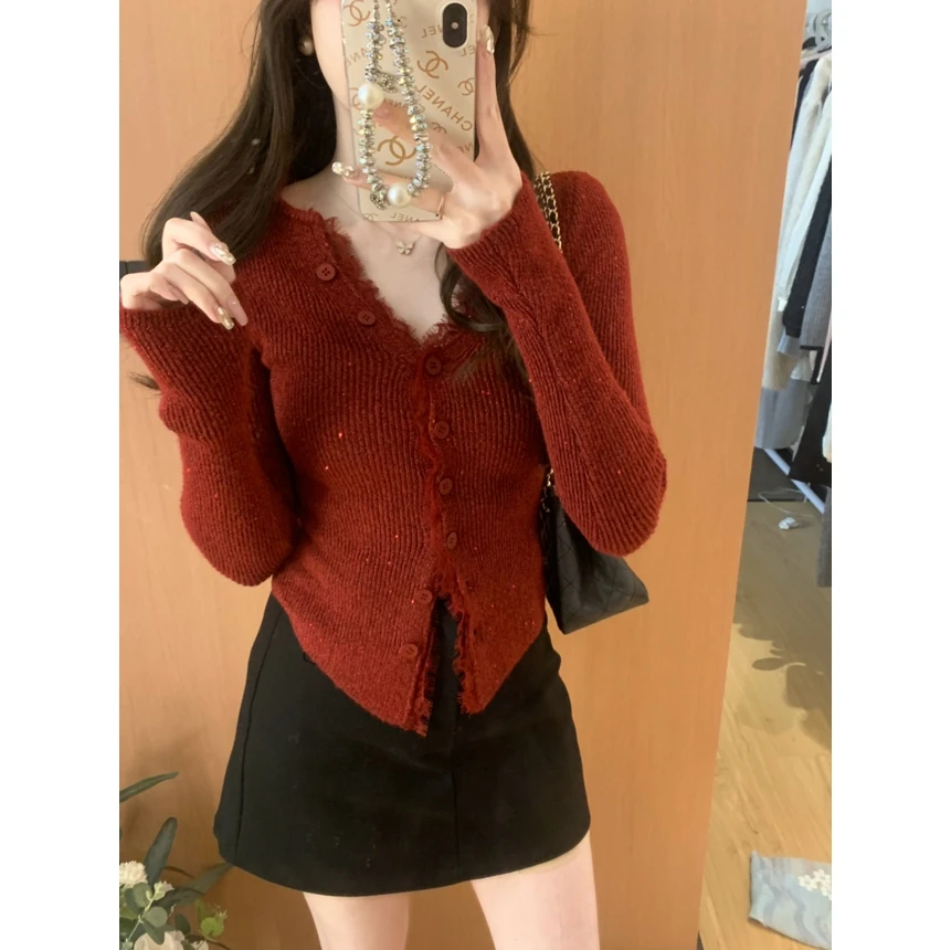 安安 蕾丝领单排扣亮丝毛衣