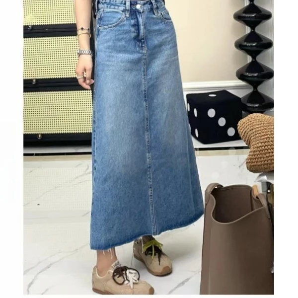 2025夏季薄款韩风高腰显瘦水洗后开叉设计感百搭牛仔裙