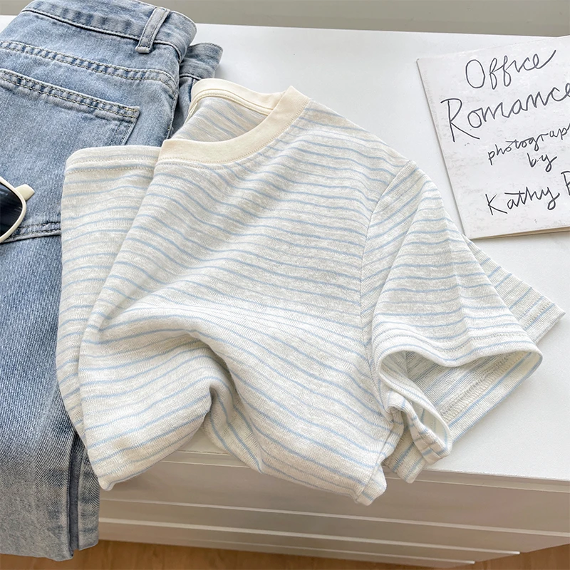 夏季薄款圆领条纹短袖2025新款设计感小众正肩时尚洋气休闲上衣女