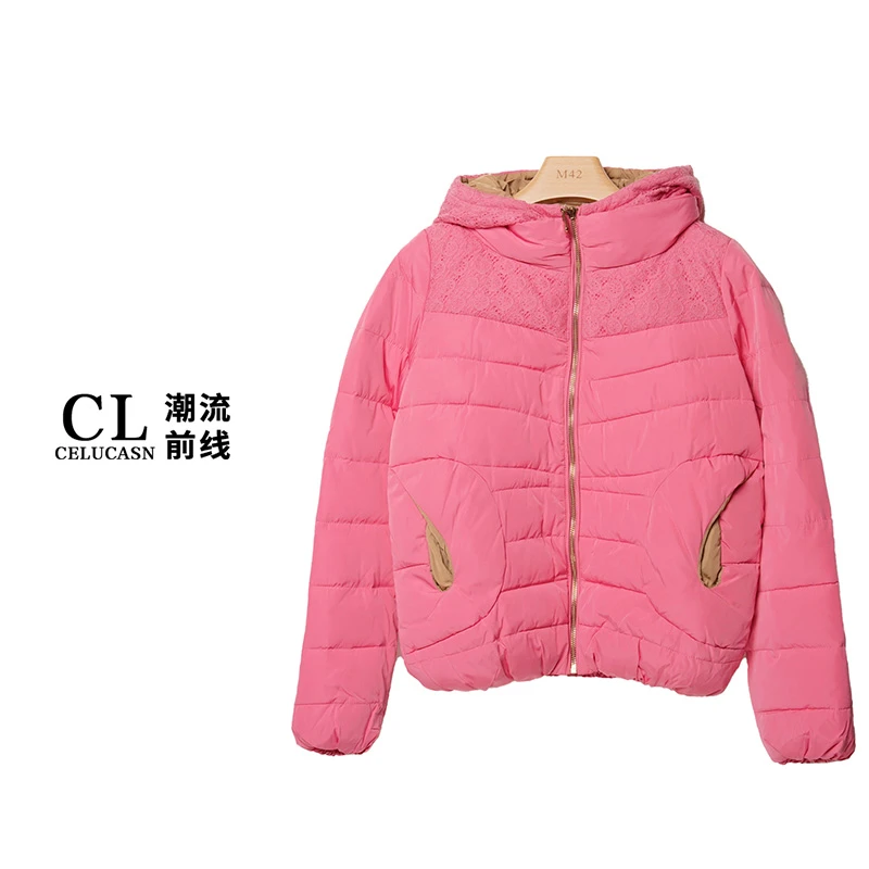 L4VBY0290#冬季新款休闲减龄连帽拉链宽松百搭拼接刺绣棉服上衣女