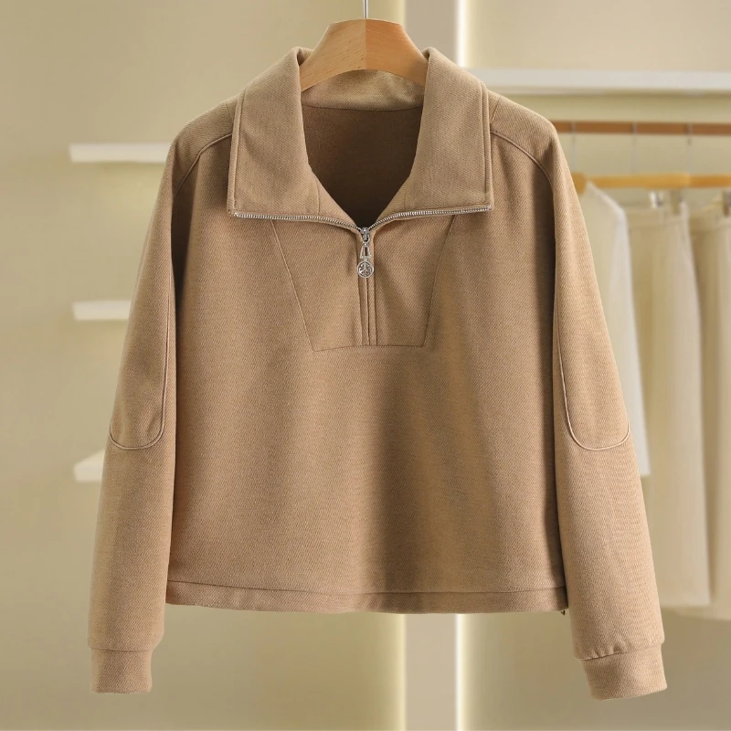 【伍莎-自营】下摆抽绳宽松纯色翻领拉链卫衣#RJY48V007