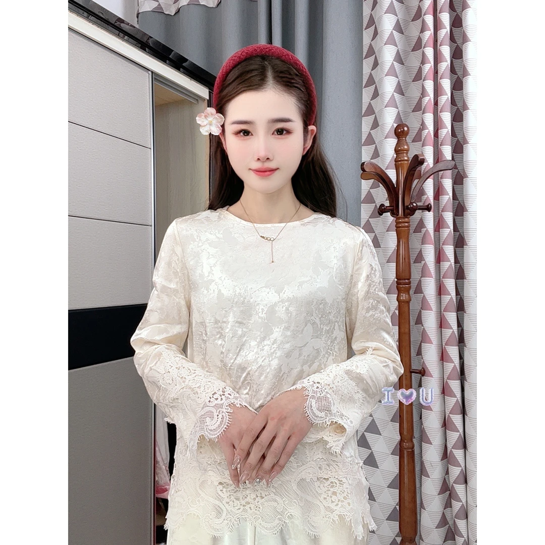 【云蝶】春季2025新款新中式上衣小衫女装国风圆领蕾丝花边长袖衬衫