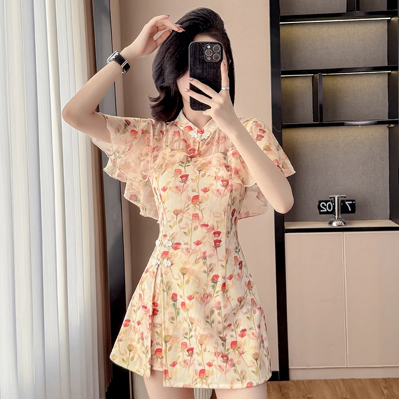 实拍新款气质年轻新中式连衣裙套装碎花旗袍改良款日常小个子夏