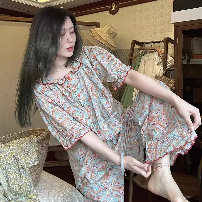 复古碎花薄款睡衣女夏季新款韩系两件套甜美短袖长裤家居服可外穿