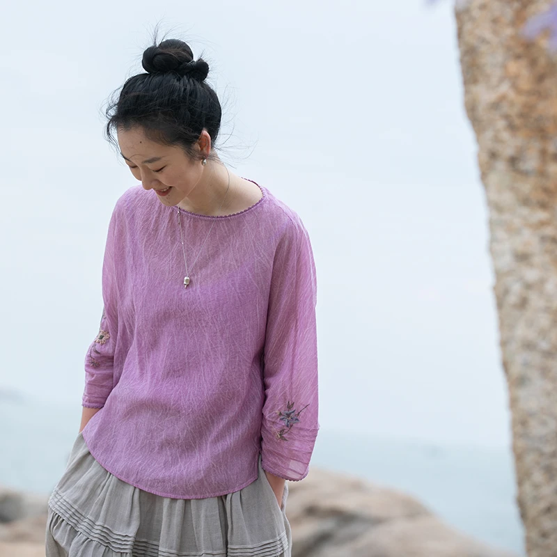 牧衣游原创 丝棉炒色手工刺绣套头衫新品设计感文艺圆领上衣 静夏