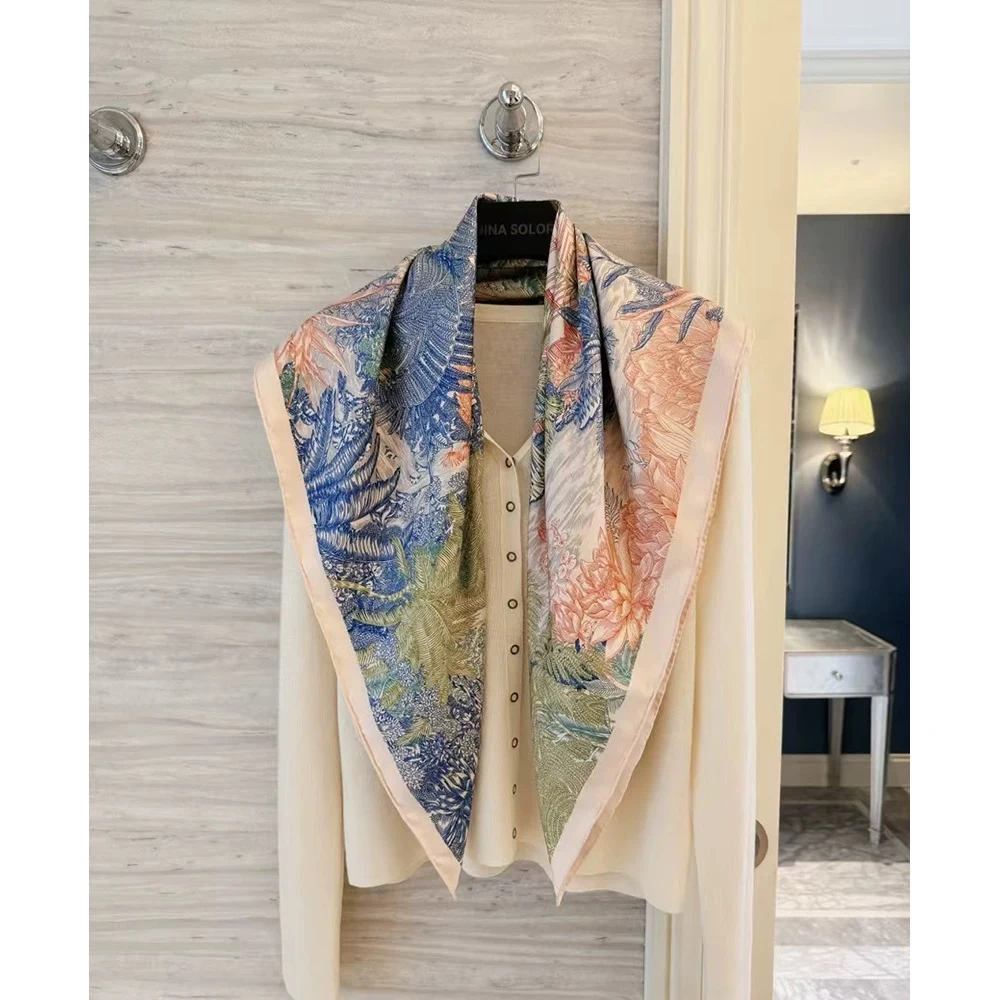 热带雨林福宝 蓝绿粉斜纹真丝丝巾大方巾