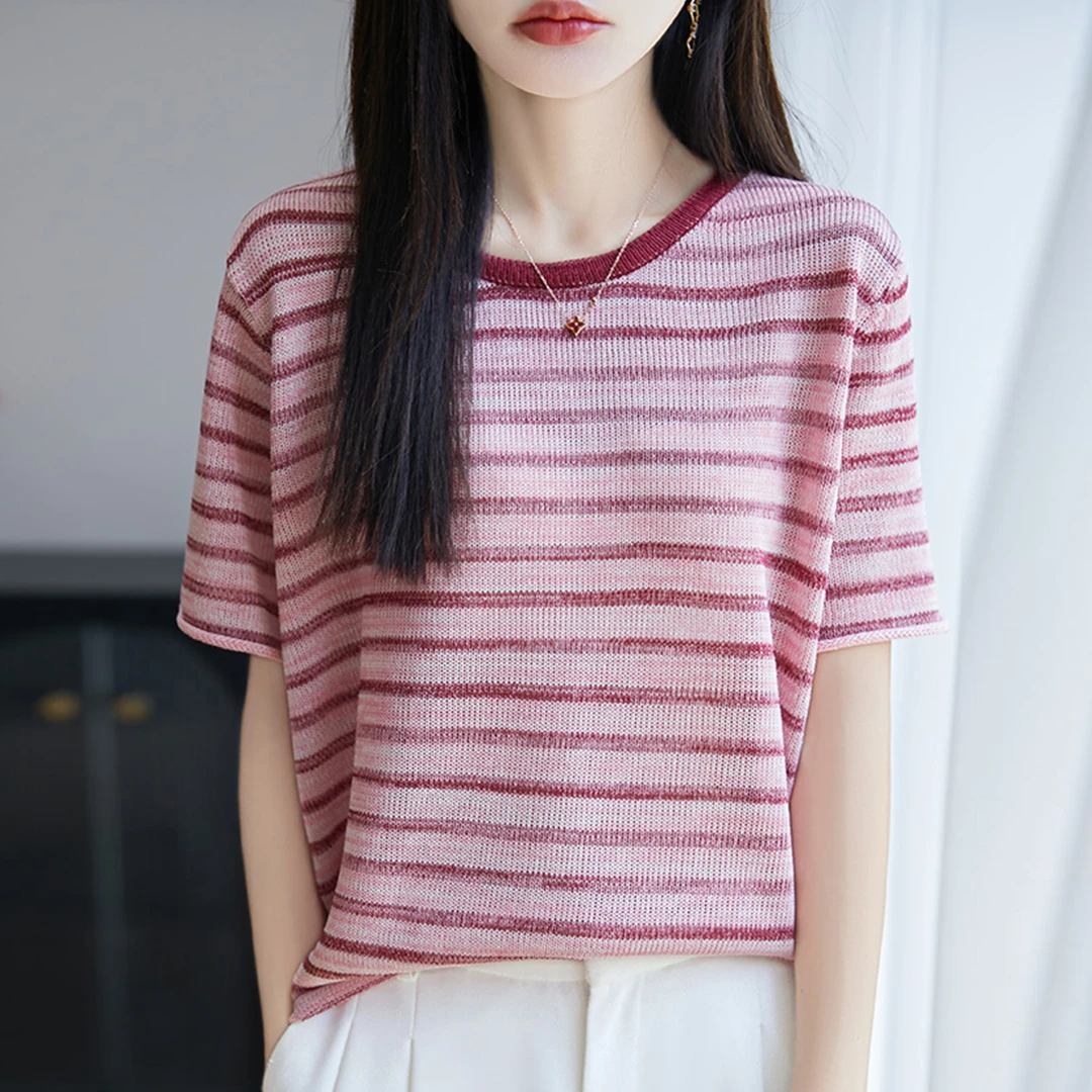 微胖mm夏装大码冰丝针织衫女士短袖t恤宽松遮肚子巨显瘦条纹上衣