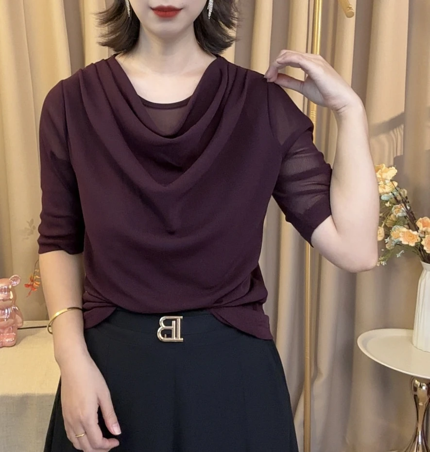 2025新款堆堆领圆领修身型宽松中袖修身抗皱耐磨T恤纯色百搭
