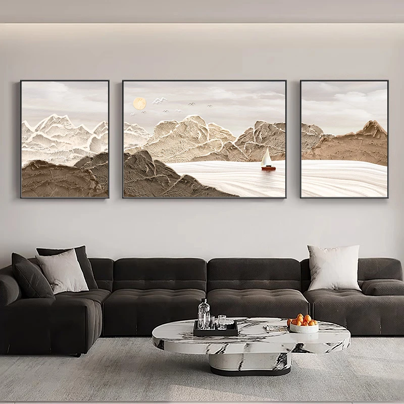 背有靠山客厅装饰画新款轻奢高档大气三联壁画沙发背景墙挂画