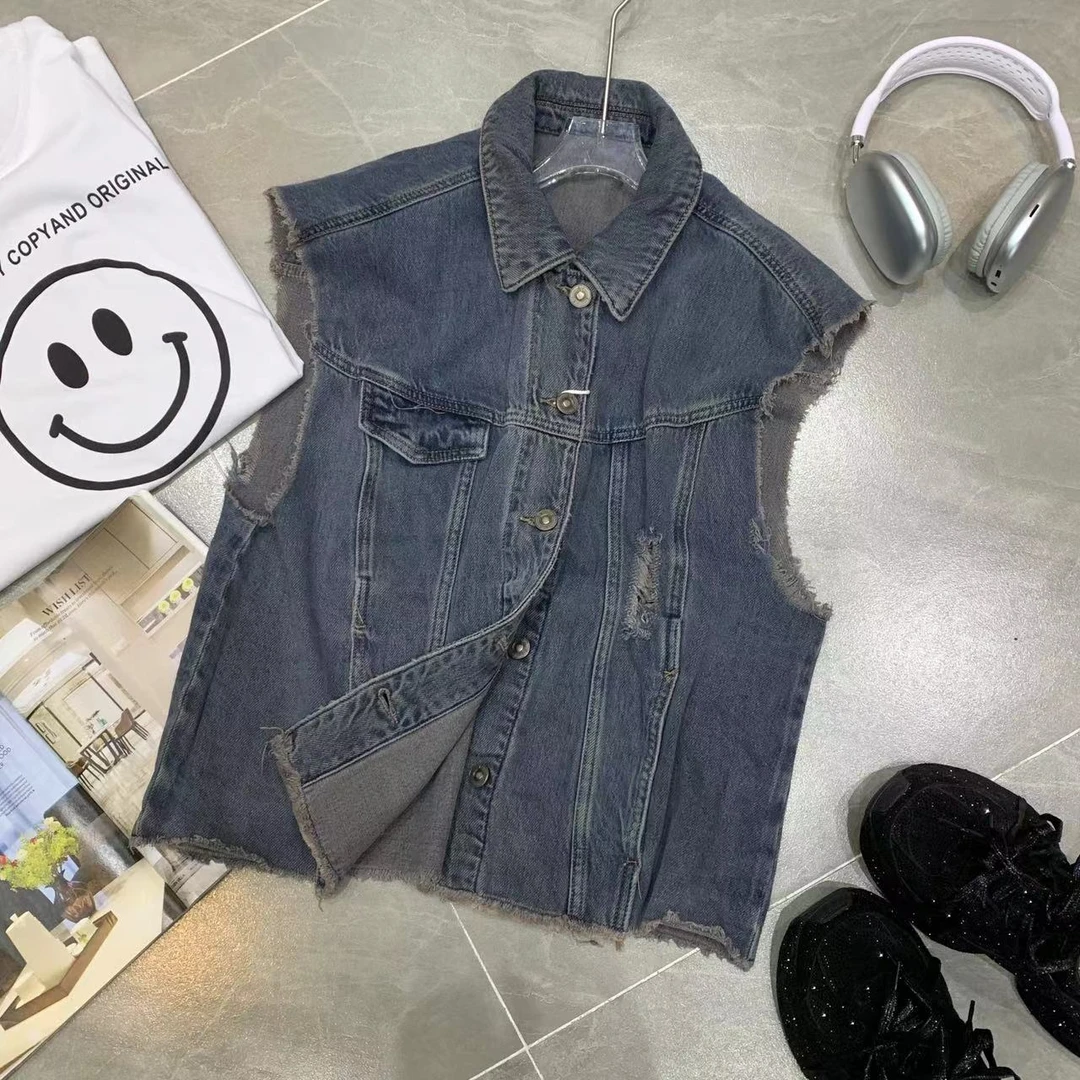 Z.X 复古水洗破边破洞牛仔马甲 92524（A4↓）