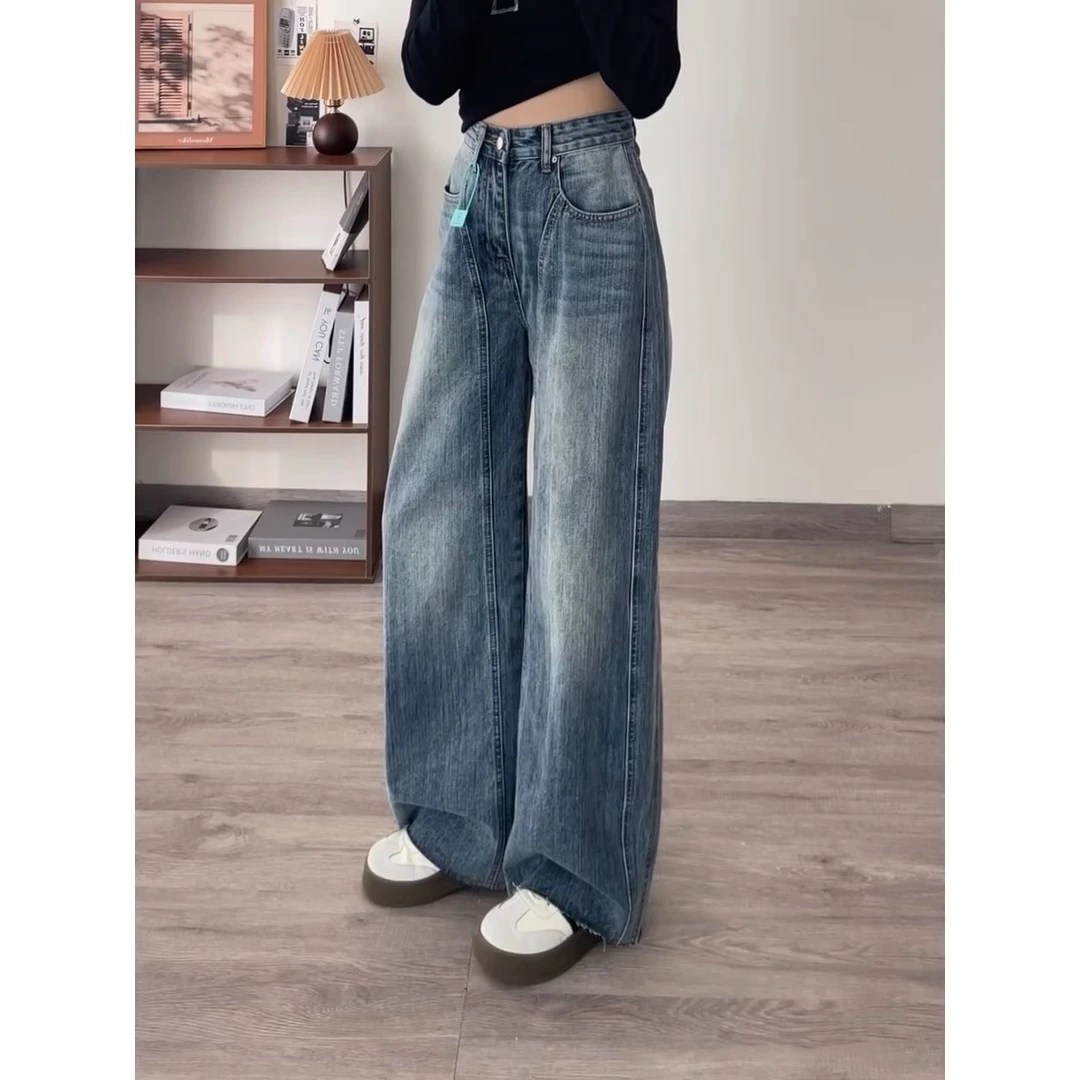 复古蓝磨白阔腿牛仔裤女2025春秋新款设计感毛边高腰垂感弯刀裤子