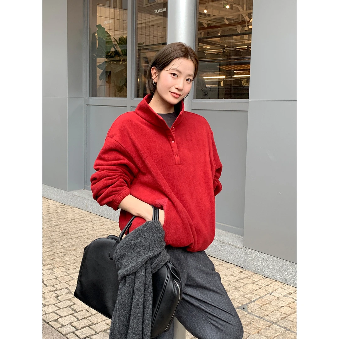 立领长袖常规袖厚款米杏色红色深灰均码2025