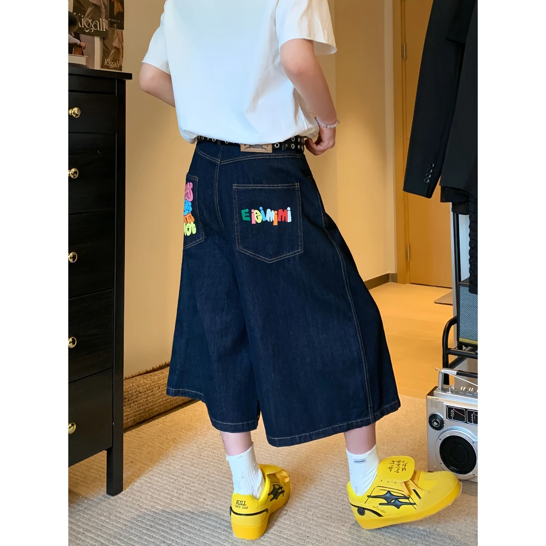 美式复古字母印花牛仔七分裤男女夏季高街设计感宽松显瘦阔腿短裤