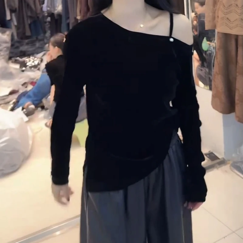 黑色修身长袖t恤女装早秋季2025新款露肩上衣打底衫女士LK2505827