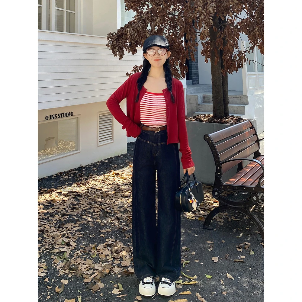 王家有鱼丹宁色牛仔裤女春夏季显瘦牛仔直筒阔腿裤复古水洗89187