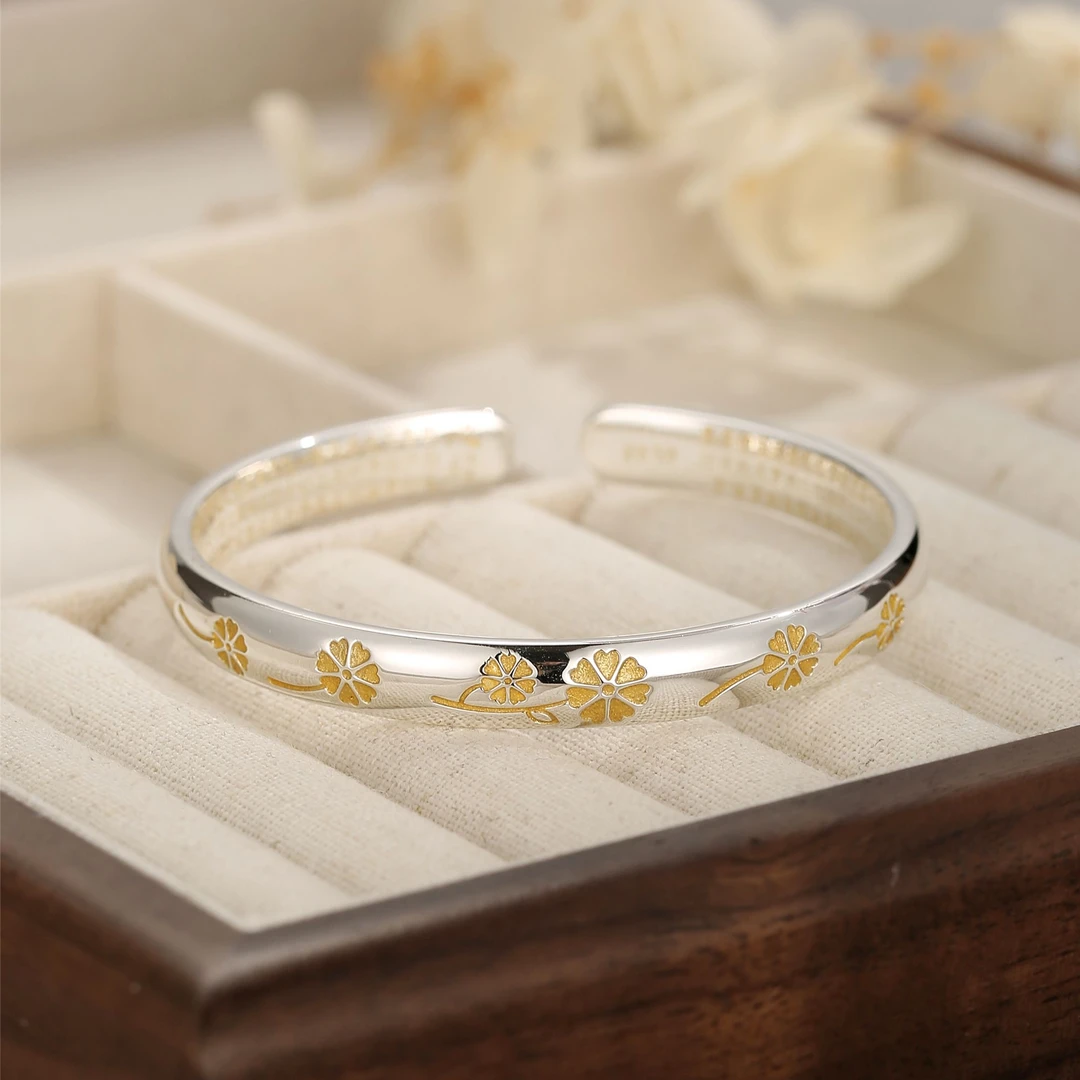 足银珐琅手镯 足银999描金幸运心经底手镯