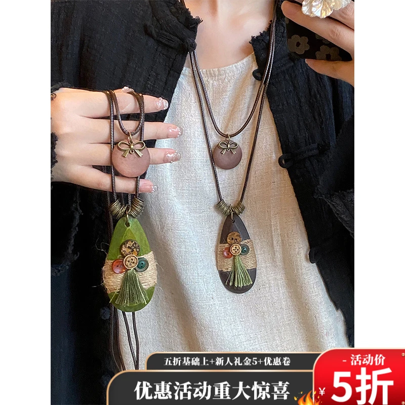 铜木质项链 蝴蝶结长款饰品木片双层项链波西米亚民族风毛衣链时