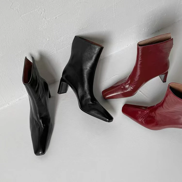 秋冬季法式方头简约气质时尚粗跟全皮瘦瘦靴百搭高跟女靴子