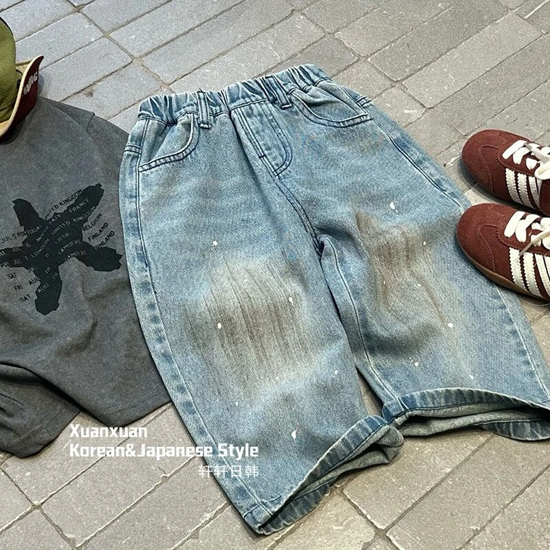 童装2026年男童春款牛仔裤时尚浅蓝色做旧韩版宽松牛仔裤洋气潮酷