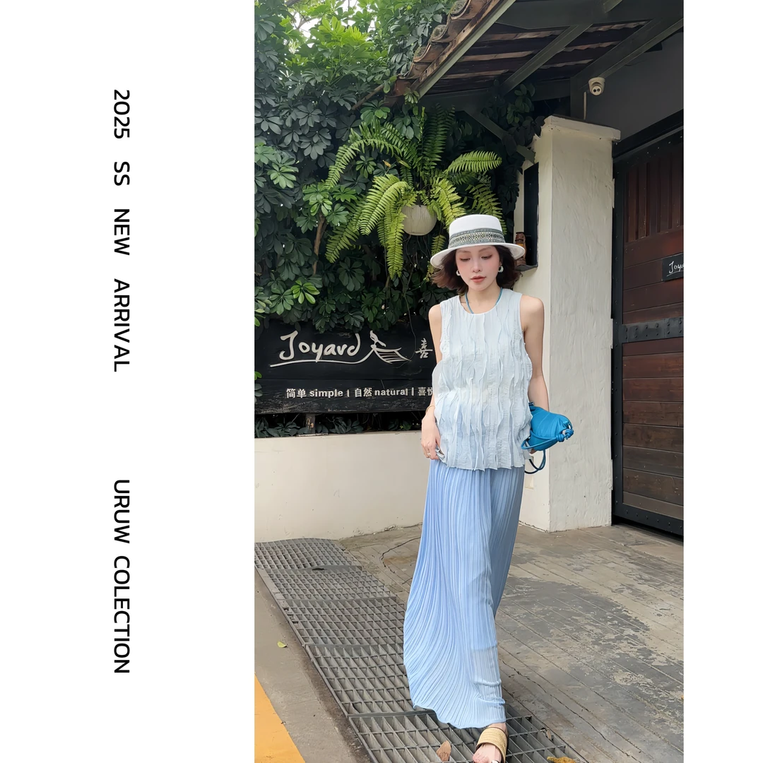 颖子定制【爱丁堡】层次感高腰显瘦直筒长裙女夏季压褶长裙 9256