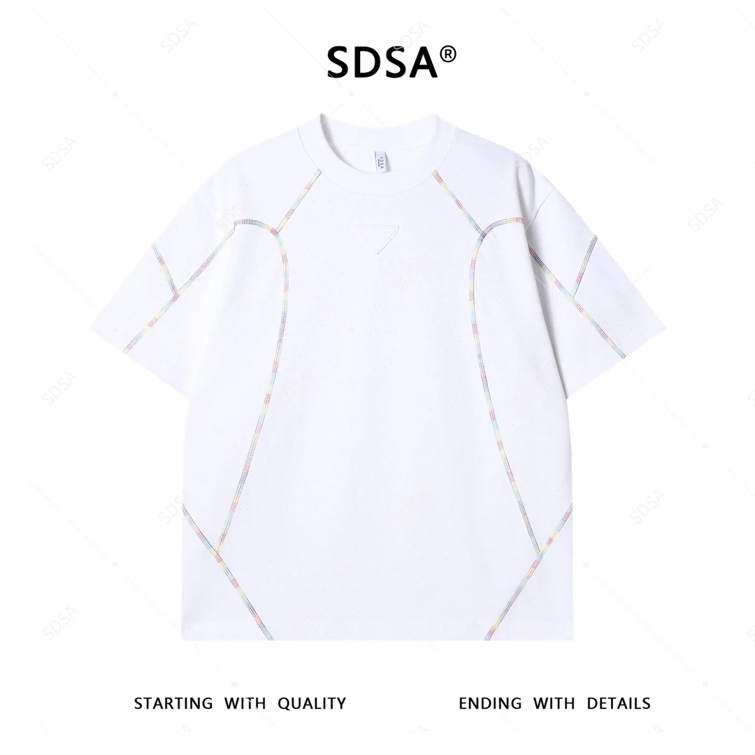 夏季高级感新款男士痞帅满天星缝线倒三角圆领短袖T恤百搭时尚