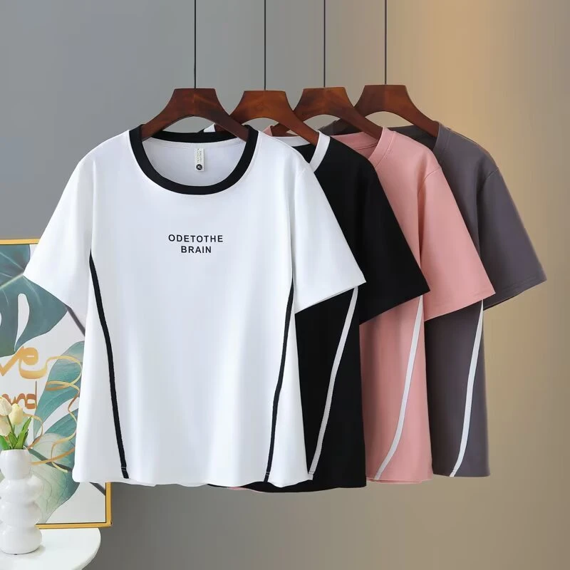 大码胖mm百搭休闲字母印花拼色圆领T恤夏季新款宽松减龄显瘦上衣