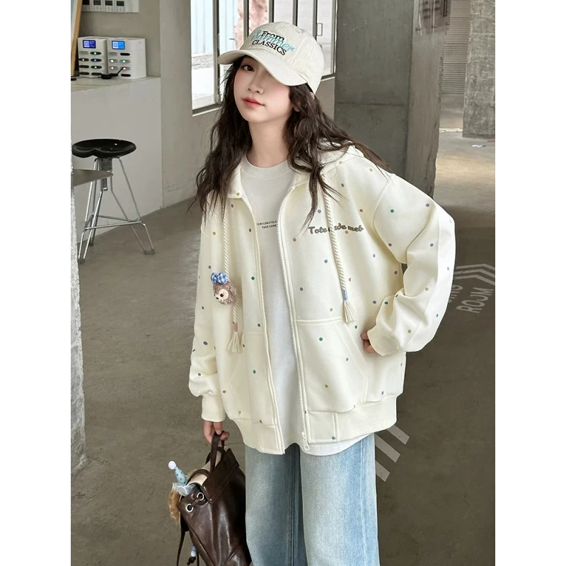 女童春秋款拉链卫衣外套2025新款中大童可爱公仔波点开衫连帽上衣