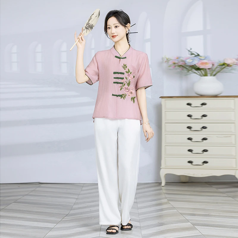 夏季新款五分袖刺绣宽休闲松遮肉显瘦中国风时尚上衣055