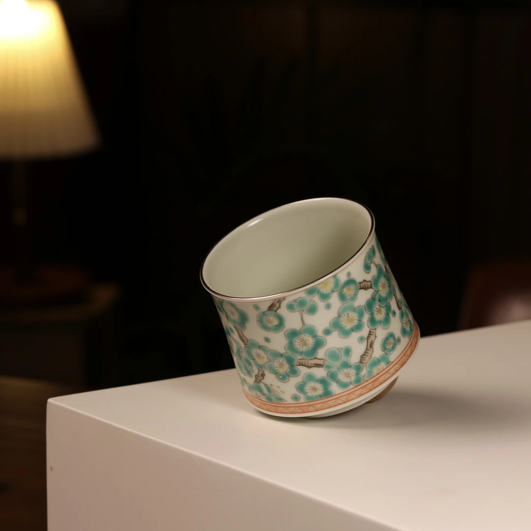 雨溪山房景德镇手绘斗彩绿冰梅咖啡杯茶杯 230cc