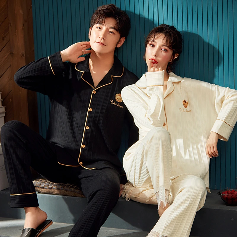 春秋款情侣睡衣女纯棉长袖秋冬季男士女士可爱大码开衫加厚家居服