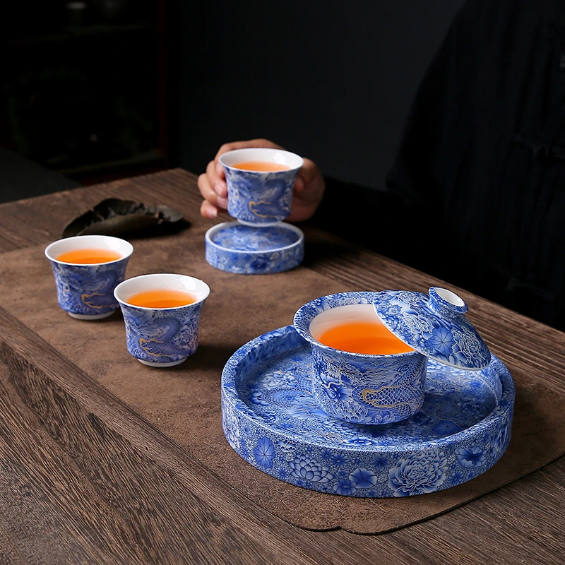 蓝龙龙腾盛世大壶承悬停盖碗陶瓷泡茶器具茶碗茶杯主人杯功夫茶具