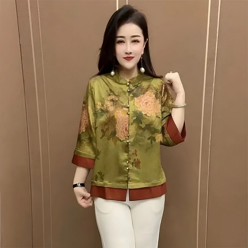 时尚夏季国风复古大码衬衫上衣2025新款洋气妈妈宽松遮肚开衫衬衣