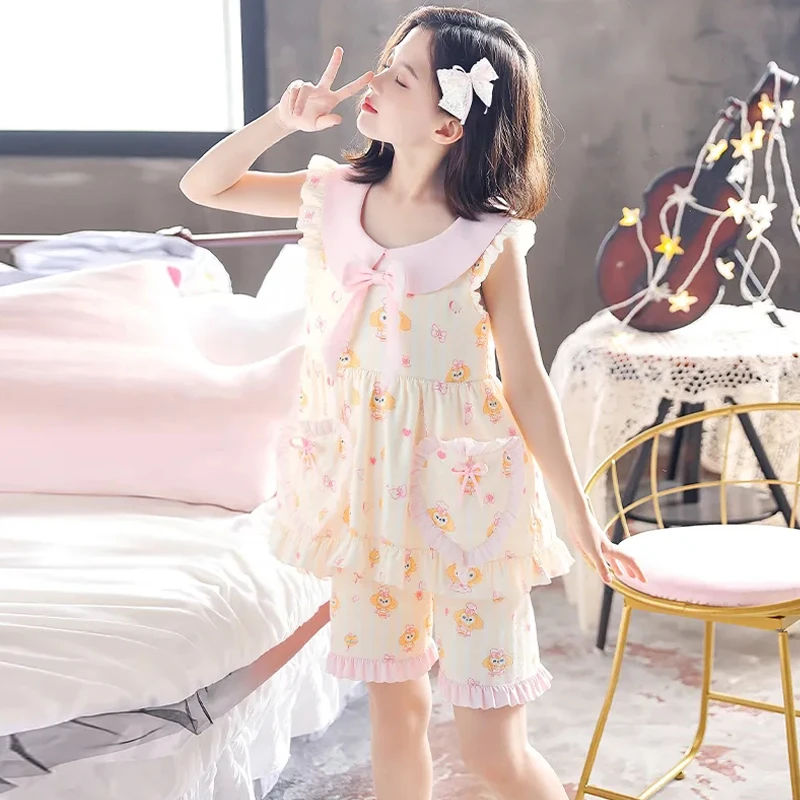 女童夏季云朵棉睡衣2025新款薄款小飞袖儿童卡通中大童女孩套装