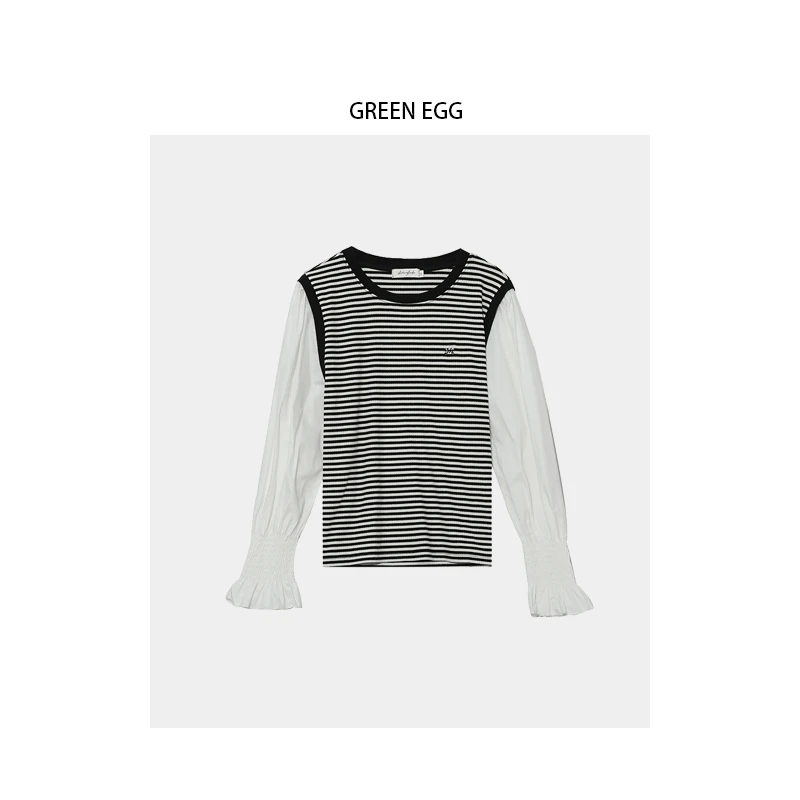 【蛋蛋狂欢价】W988韩版学院风减龄条纹长袖上衣春款加肥遮肉小衫