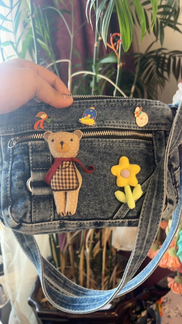 兜小兜可爱方形小熊花朵牛仔斜挎包