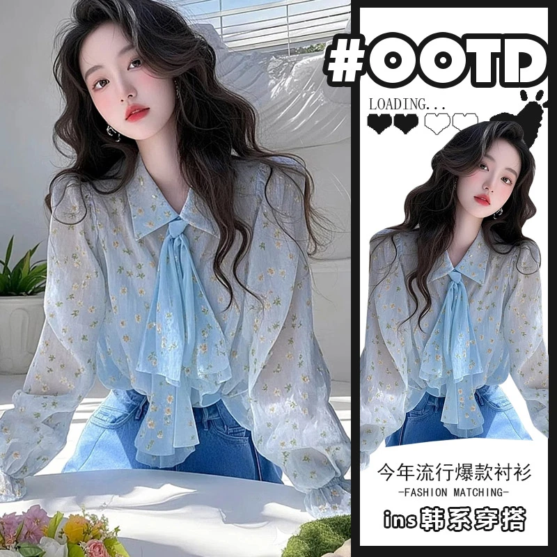 2025春夏季新款设计感别致蝴蝶结绑带衬衣女碎花别致喇叭袖衬衫潮