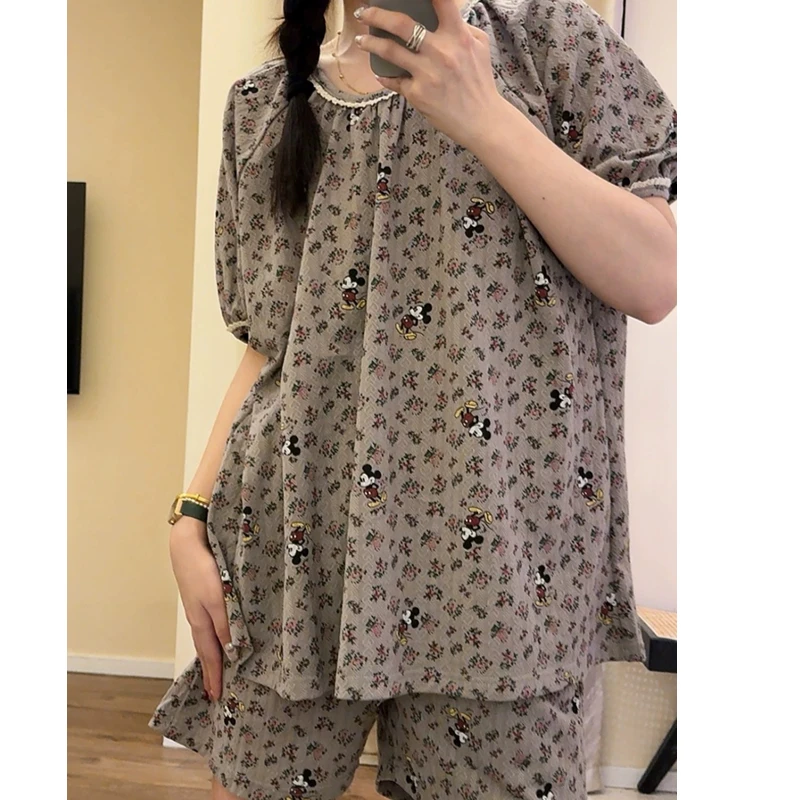 睡衣女夏款纯棉短袖短裤休闲可外穿家居服套装（花边米奇短裤）