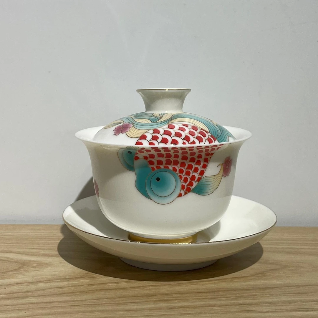 闻兮茶器羊脂玉白瓷锦鲤元宝三才盖碗家用陶瓷泡茶碗