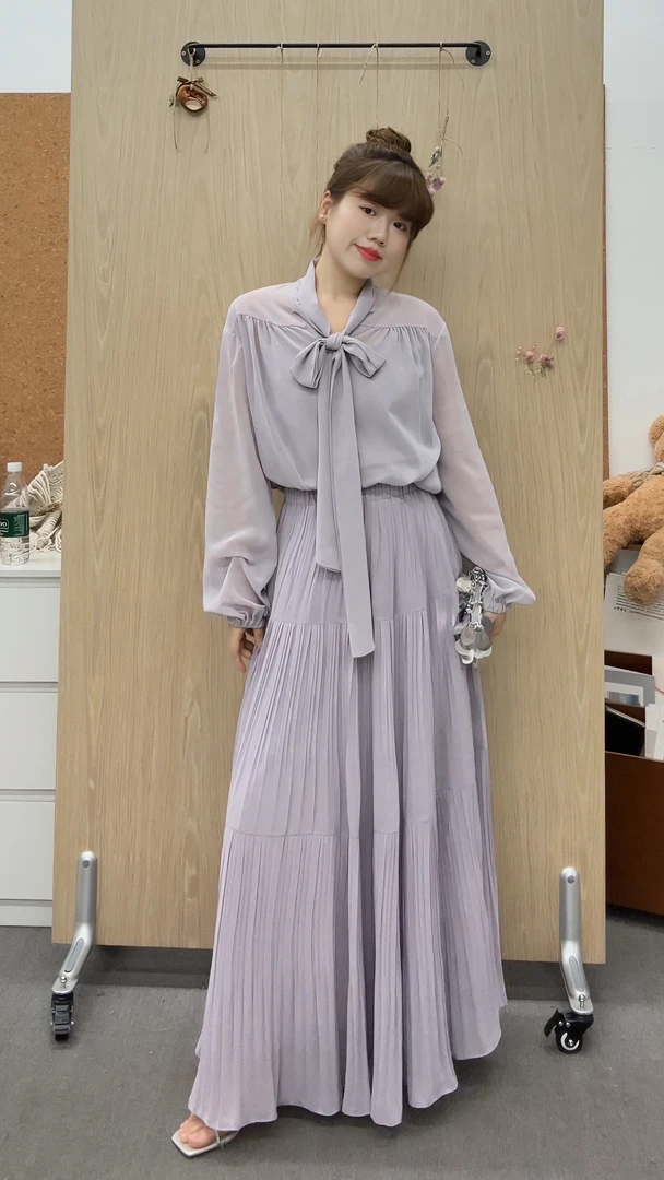 【现货】米米子定制紫色春夏新款时尚气质半身裙压褶设计高腰长裙