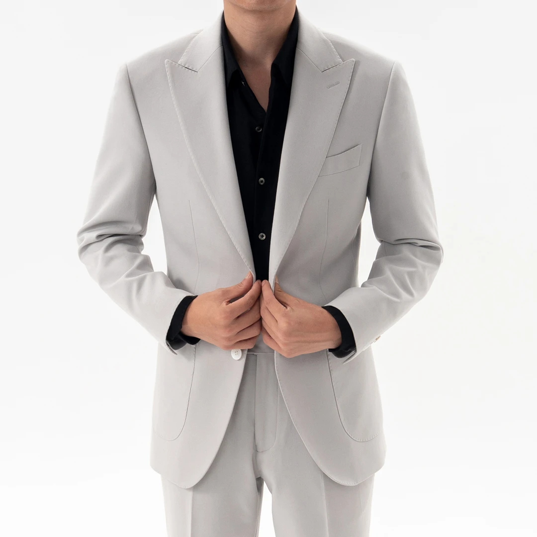 高定工艺秋冬新款男士修身浅色单排扣戗驳领西装套装时尚休闲西服