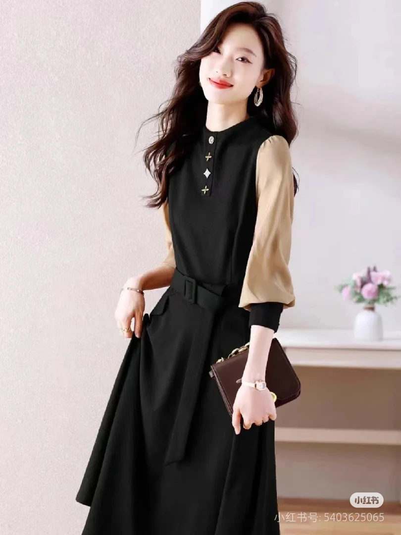 【修瑾原创】文艺女王  气质拼接秋季显瘦慵懒风复古简约时尚连衣裙