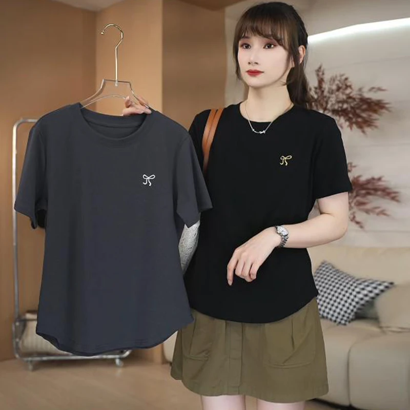 高含棉小众蝴蝶结刺绣短袖T恤女2025夏季新款小个子修身减龄上衣