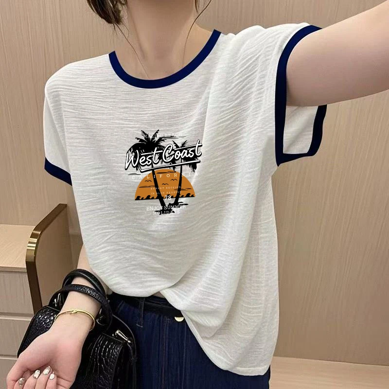 小众新款竹节纯棉女士t恤短袖夏季正肩洋气休闲上衣宽松百搭小衫