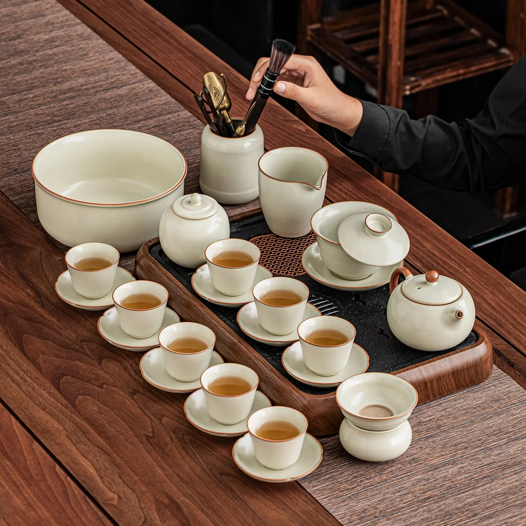 简约米黄汝窑功夫茶具套装家用待客泡茶器开片可养茶器高档礼盒装