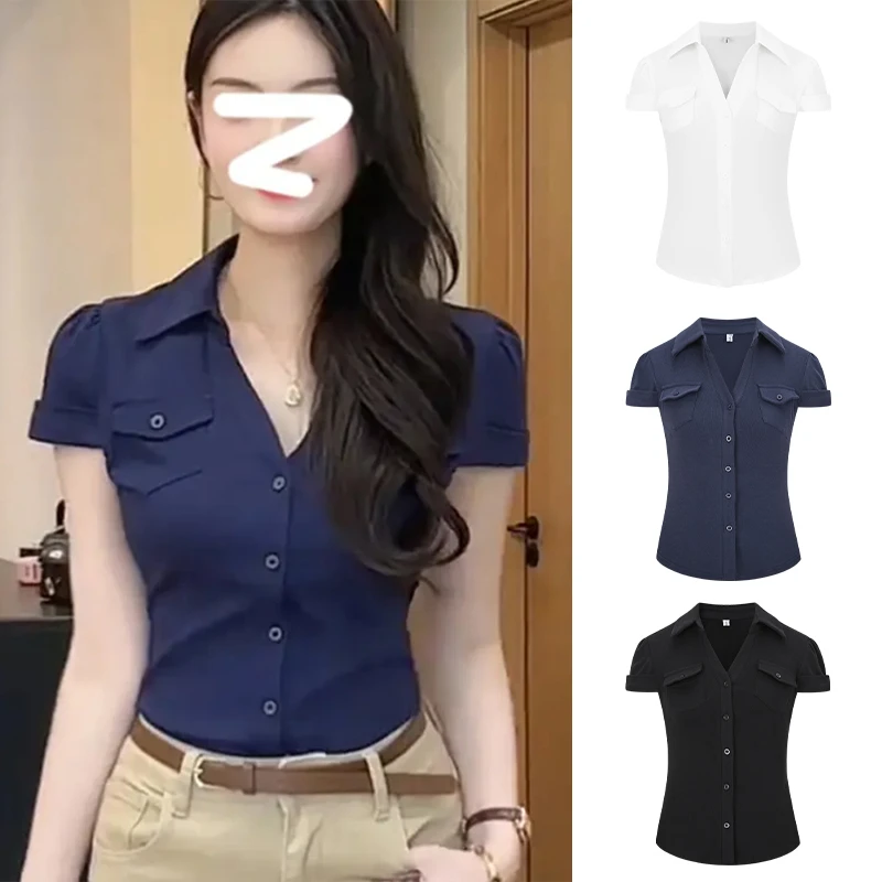 Moses Queen/魔西女王韩系掐腰修身显瘦短袖口袋收腰气质辣妹衬衫