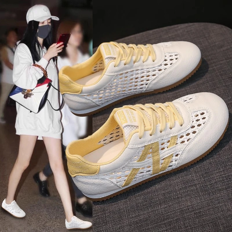 德训小白鞋子女款夏季2025新款女鞋镂空网眼运动平底爆款透气网鞋