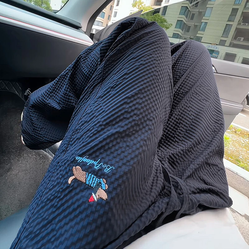 秋季特大码2-300斤泡泡纱裤子男女情侣腊肠狗刺绣设计长裤运动裤