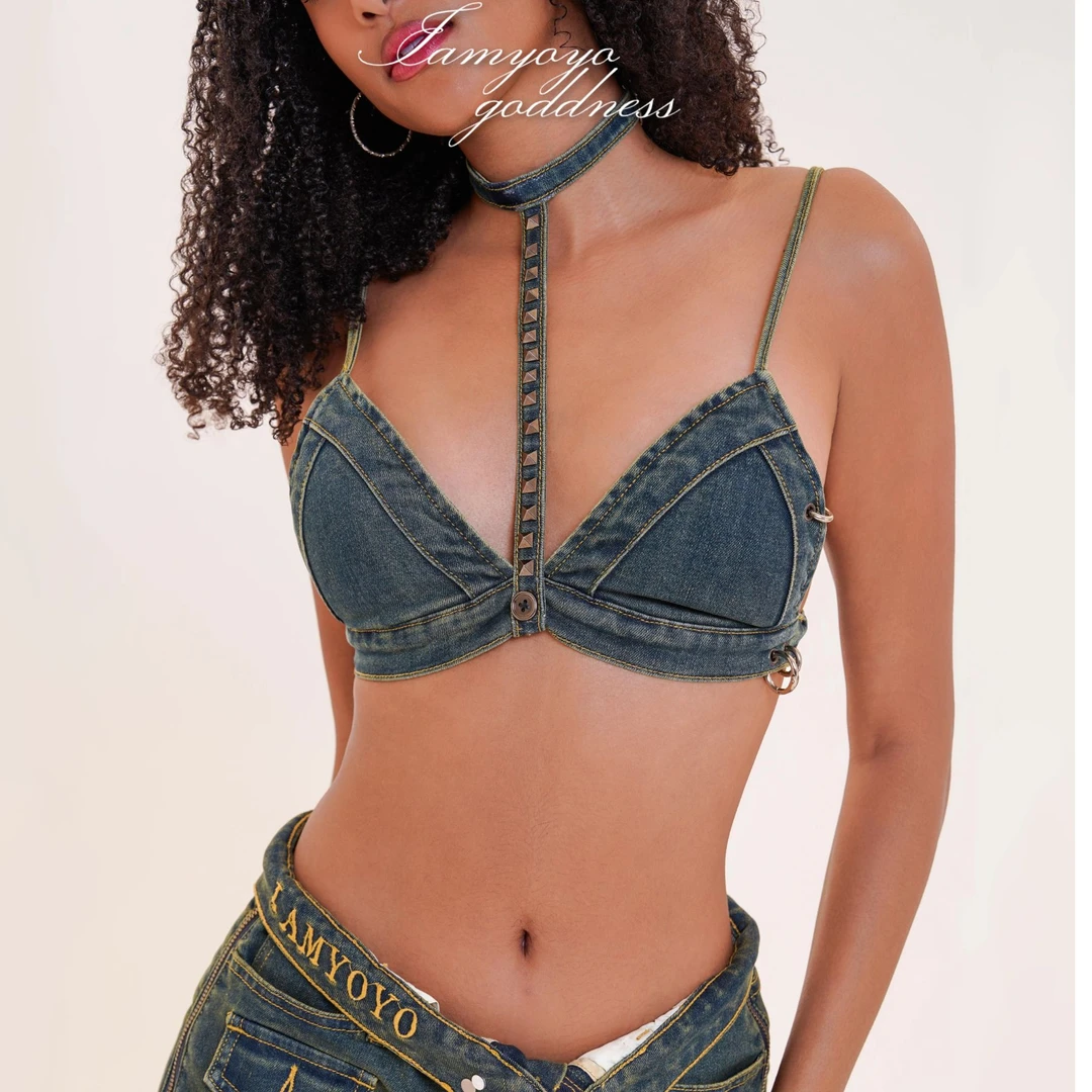 【上新】摇滚牛仔套装bra短裤 水洗做旧牛仔choker翻边显腿长舞蹈