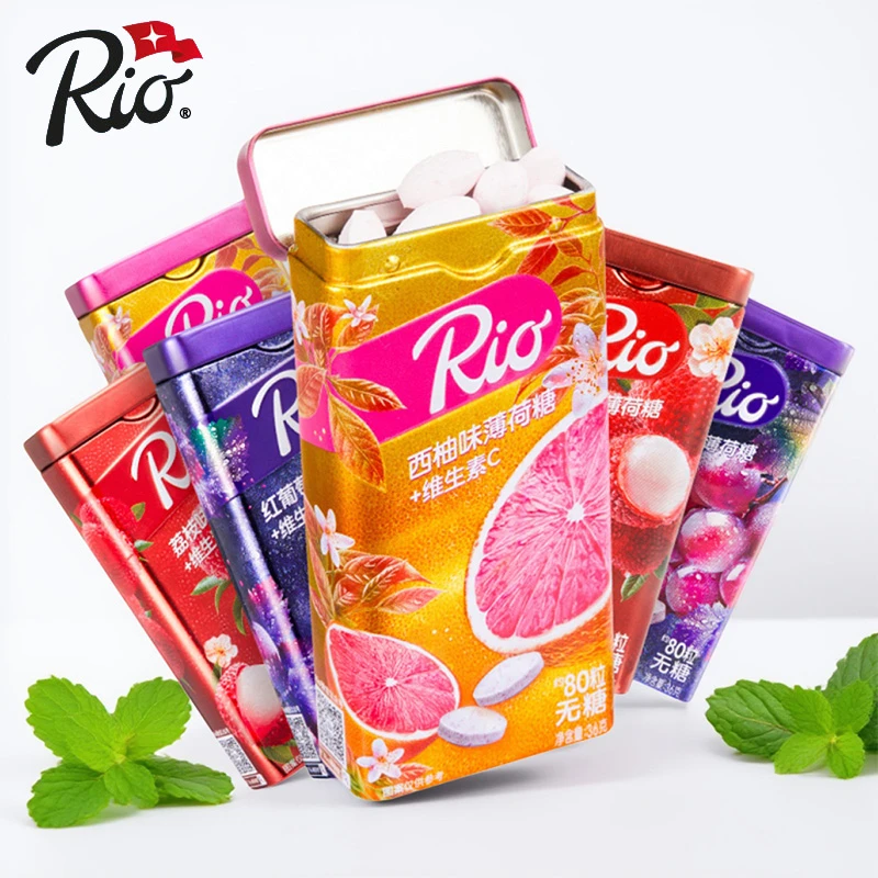 Rio无糖薄荷糖便携铁盒装木糖醇水果糖清新口气爽口含片零食糖果
