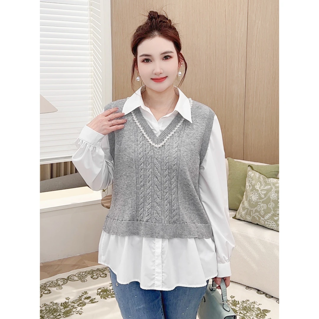 【免打理不起褶假两件衬衫】MsShe大码女装钉珠针织衫S~E2502006